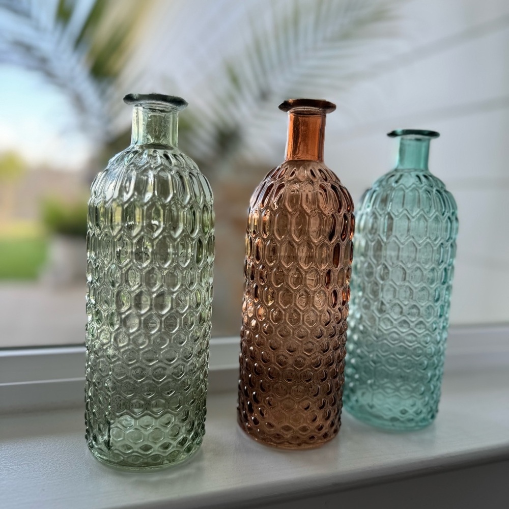 Set of Three Textured Glass Bottles